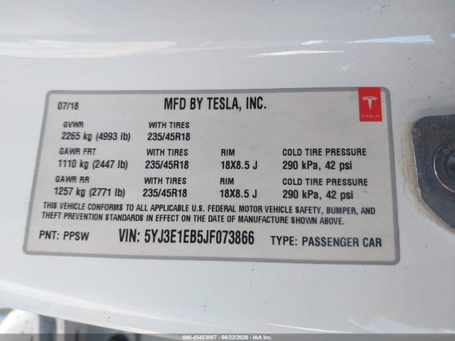 Продажа на аукционе авто 2018 Tesla Model 3 Long Range/performance, vin: 5YJ3E1EB5JF073866, номер лота: 45453087