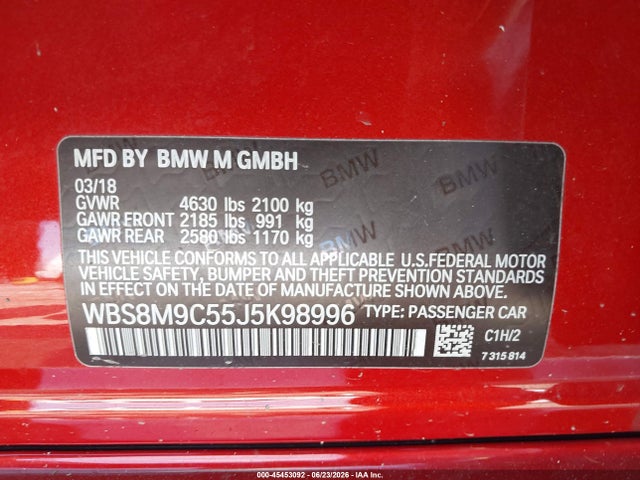 Продажа на аукционе авто 2018 Bmw M3 Cs, vin: WBS8M9C55J5K98996, номер лота: 45453092