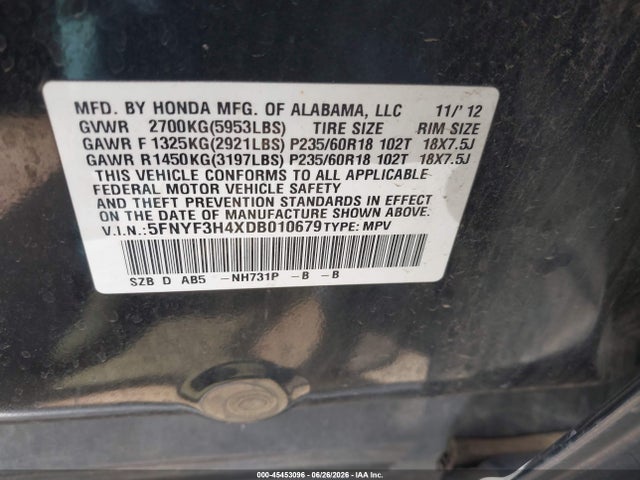 Aukcja sprzedaży 2013 Honda Pilot Ex, vin: 5FNYF3H4XDB010679, numer aukcji: 45453096