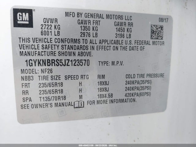 Auction sale of the 2018 Cadillac Xt5 Standard, vin: 1GYKNBRS5JZ123570, lot number: 45453109