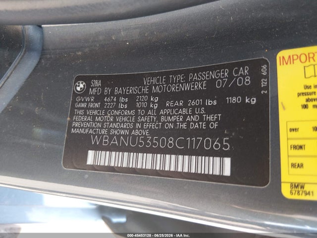 Aukcja sprzedaży 2008 Bmw 528i, vin: WBANU53508C117065, numer aukcji: 45453128