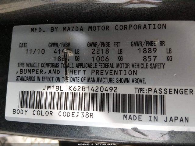 Aukcja sprzedaży 2011 Mazda Mazda3 S Sport, vin: JM1BL1K62B1420492, numer aukcji: 45453136