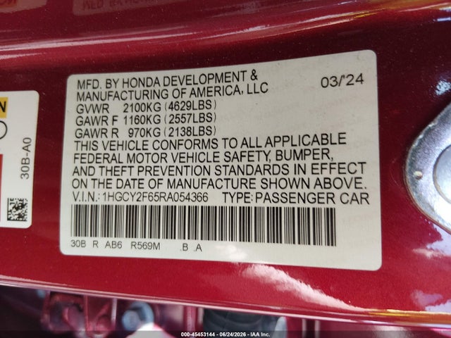 Продажа на аукционе авто 2024 Honda Accord Hybrid Ex-l, vin: 1HGCY2F65RA054366, номер лота: 45453144