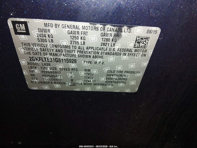 45453241 :رقم المزاد ، 2GKFLTE31G6115928 vin ، 2016 Gmc Terrain Sle-2 مزاد بيع