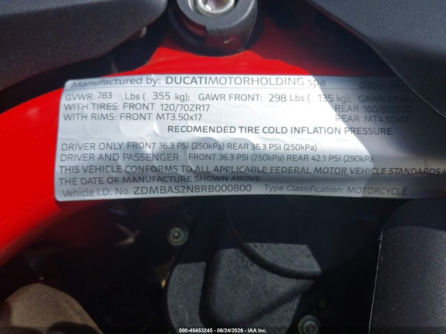 Aukcja sprzedaży 2024 Ducati Hypermotard, vin: ZDMBAS2N8RB000800, numer aukcji: 45453245