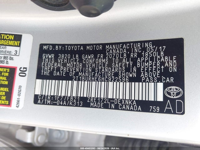 Продаж на аукціоні авто 2017 Toyota Corolla Le, vin: 2T1BURHE6HC922596, номер лоту: 45453263