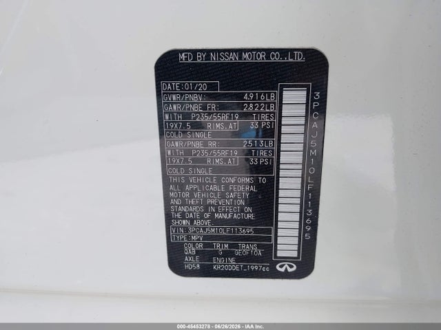 45453278 :رقم المزاد ، 3PCAJ5M10LF113695 vin ، 2020 Infiniti Qx50 Sensory مزاد بيع