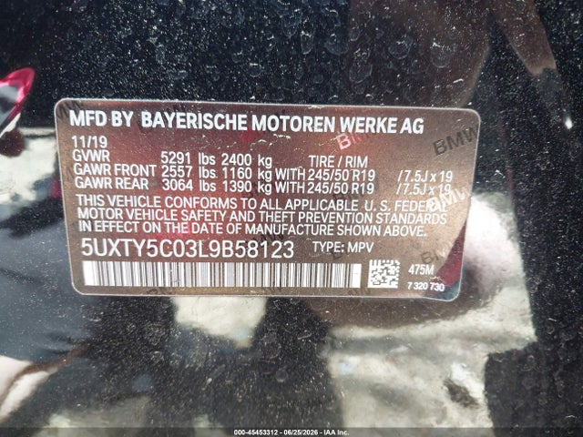 Aukcja sprzedaży 2020 Bmw X3 Xdrive30i, vin: 5UXTY5C03L9B58123, numer aukcji: 45453312