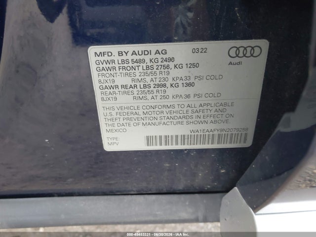 Продаж на аукціоні авто 2022 Audi Q5 Premium Plus 45 Tfsi S Line Quattro S Tronic, vin: WA1EAAFY9N2079258, номер лоту: 45453321