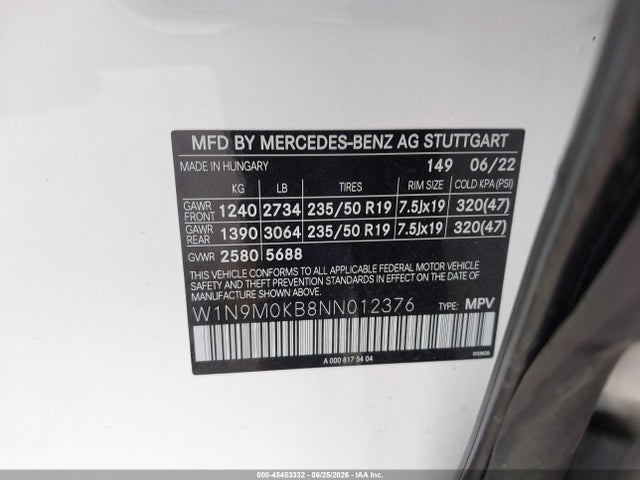 W1N9M0KB8NN012376 Mercedes-Benz Eqb 300 Suv 4matic