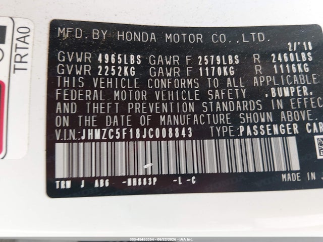 Продаж на аукціоні авто 2018 Honda Clarity Plug-in Hybrid, vin: JHMZC5F18JC008843, номер лоту: 45453354