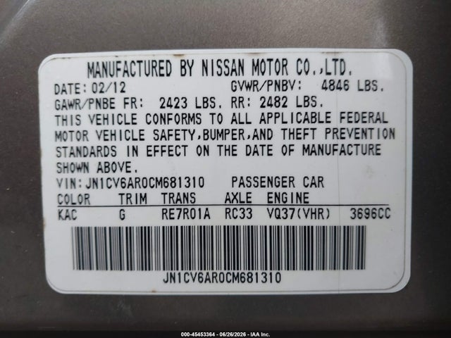 Продажа на аукционе авто 2012 Infiniti G37, vin: JN1CV6AR0CM681310, номер лота: 45453364