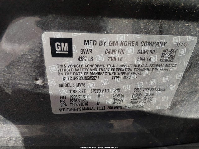 45453366 :رقم المزاد ، KL7CJPSB0JB585571 vin ، 2018 Chevrolet Trax Lt مزاد بيع