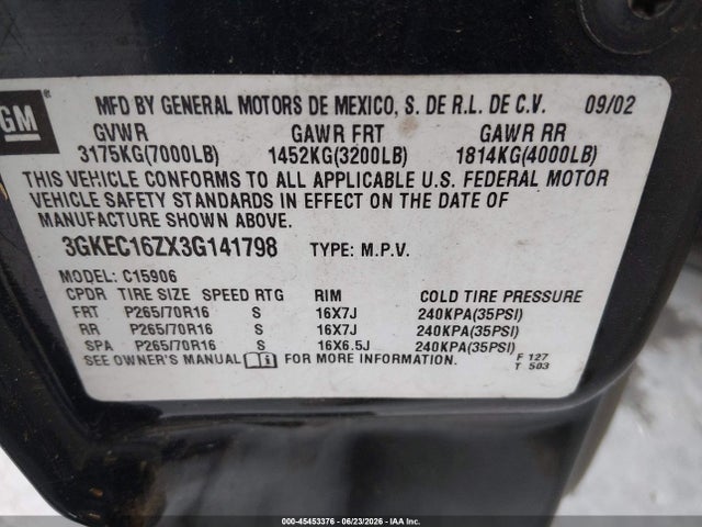 45453376 :رقم المزاد ، 3GKEC16ZX3G141798 vin ، 2003 Gmc Yukon Xl 1500 Slt مزاد بيع