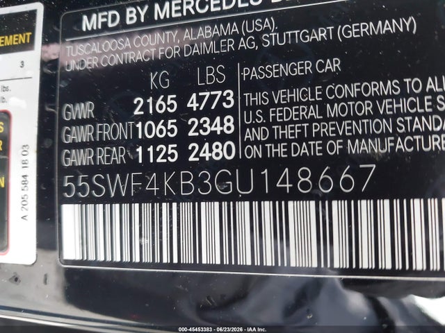 45453383 :رقم المزاد ، 55SWF4KB3GU148667 vin ، 2016 Mercedes-benz C 300 4matic مزاد بيع