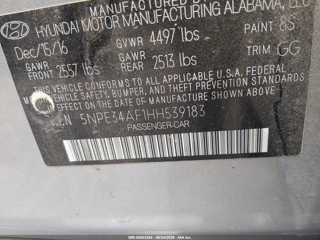 45453384 :رقم المزاد ، 5NPE34AF1HH539183 vin ، 2017 Hyundai Sonata Sport مزاد بيع