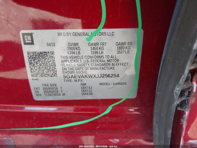 45453392 :رقم المزاد ، 5GAEVAKWXJJ256254 vin ، 2018 Buick Enclave Essence مزاد بيع