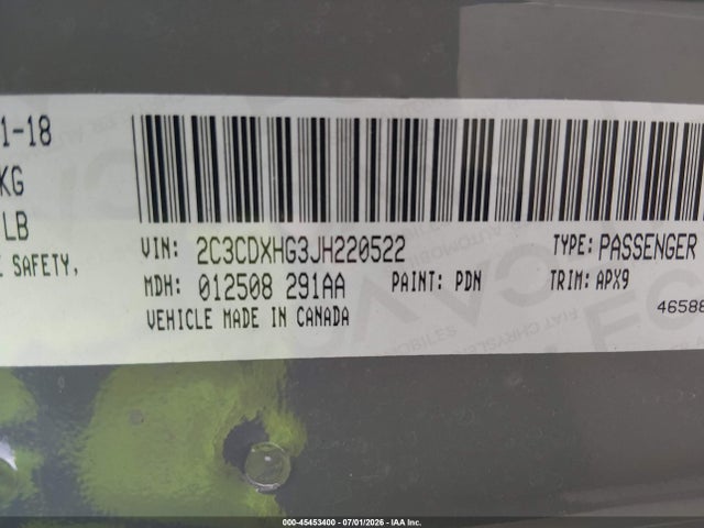 Aukcja sprzedaży 2018 Dodge Charger Sxt Plus Rwd, vin: 2C3CDXHG3JH220522, numer aukcji: 45453400