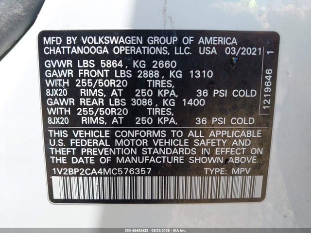 Продажа на аукционе авто 2021 Volkswagen Atlas 2.0t Sel, vin: 1V2BP2CA4MC576357, номер лота: 45453432