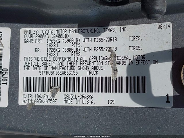 Aukcja sprzedaży 2014 Toyota Tundra Sr V6, vin: 5TFRU5F16EX033155, numer aukcji: 45453433
