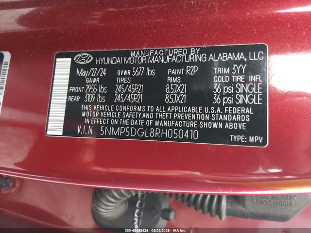 45453434 :رقم المزاد ، 5NMP5DGL8RH050410 vin ، 2024 Hyundai Santa Fe Calligraphy مزاد بيع