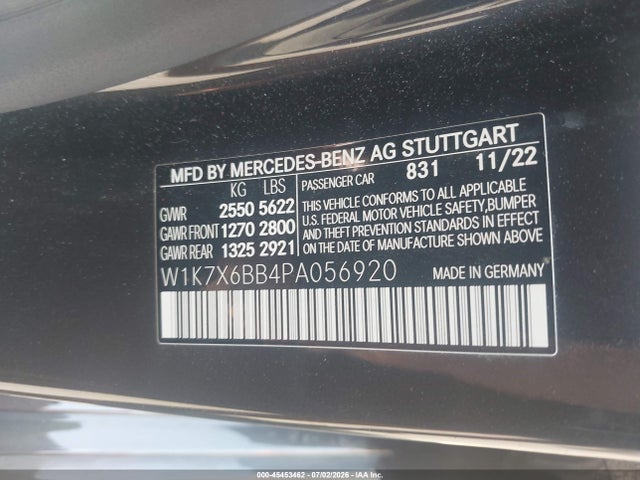 45453462 :رقم المزاد ، W1K7X6BB4PA056920 vin ، 2023 Mercedes-benz Amg Gt 53 4-door Coupe مزاد بيع