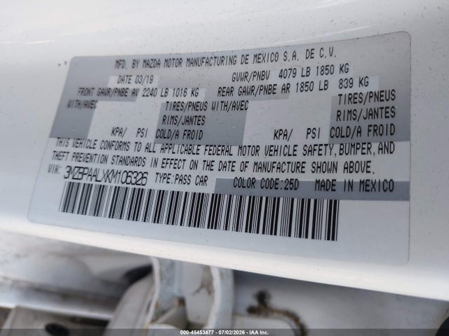 Продаж на аукціоні авто 2019 Mazda Mazda3 Select Package, vin: 3MZBPAALXKM106326, номер лоту: 45453477