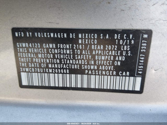 45453521 :رقم المزاد ، 3VWCB7BU1KM269668 vin ، 2019 Volkswagen Jetta 1.4t R-line/1.4t S/1.4t Se مزاد بيع