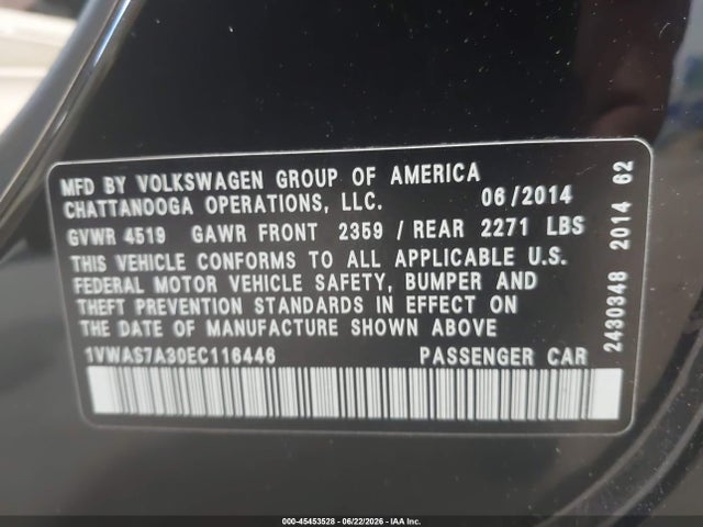 Продажа на аукционе авто 2014 Volkswagen Passat 1.8t Wolfsburg Edition, vin: 1VWAS7A30EC116446, номер лота: 45453528