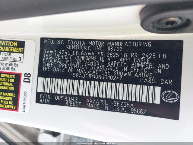 45453535 :رقم المزاد ، 58AD11D10NU010247 vin ، 2022 Lexus Es 250 مزاد بيع