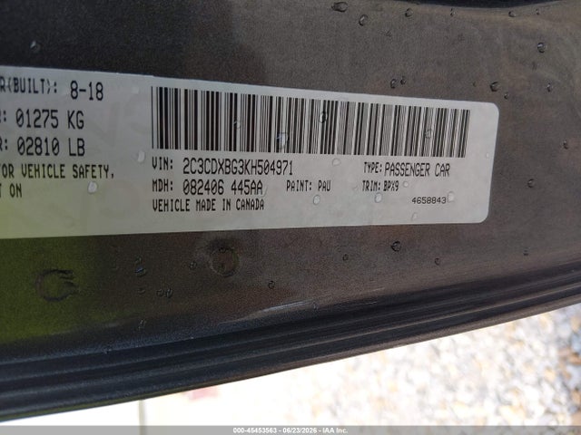 45453563 :رقم المزاد ، 2C3CDXBG3KH504971 vin ، 2019 Dodge Charger Sxt Rwd مزاد بيع