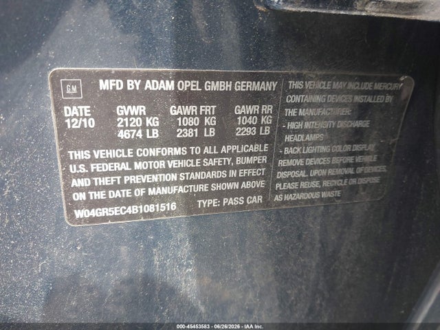Aukcja sprzedaży 2011 Buick Regal Cxl Russelsheim, vin: W04GR5EC4B1081516, numer aukcji: 45453583