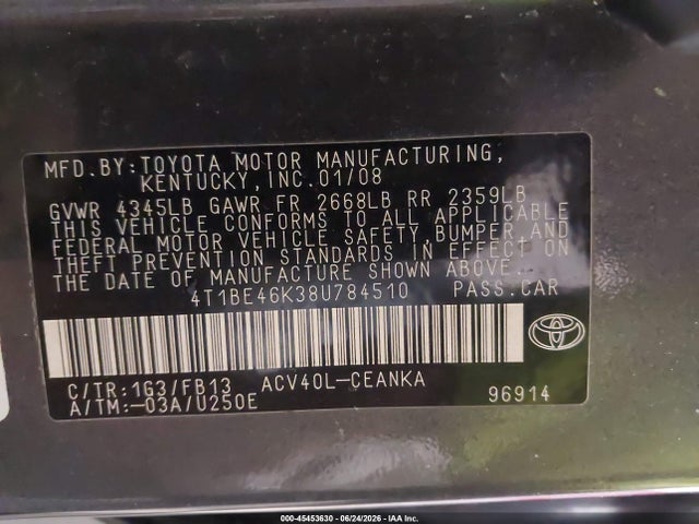 2008 Toyota Camry Le მანქანა იყიდება აუქციონზე, vin: 4T1BE46K38U784510, აუქციონის ნომერი: 45453630