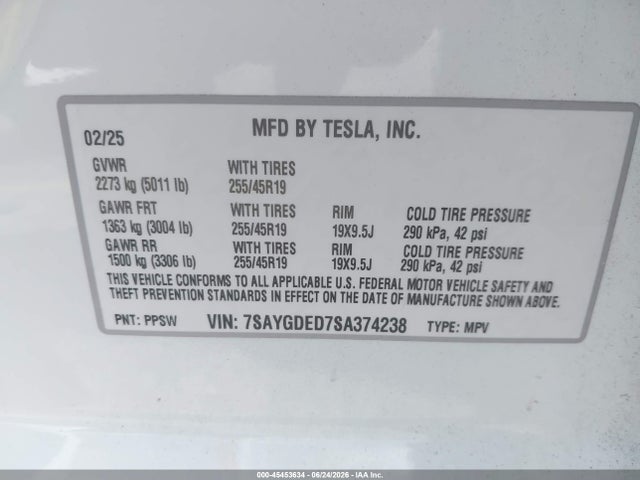 Aukcja sprzedaży 2025 Tesla Model Y Long Range Dual Motor Rear-wheel Drive, vin: 7SAYGDED7SA374238, numer aukcji: 45453634