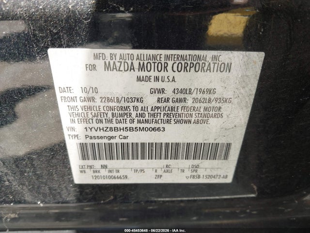 Aukcja sprzedaży 2011 Mazda Mazda6 I Sport, vin: 1YVHZ8BH5B5M00663, numer aukcji: 45453648