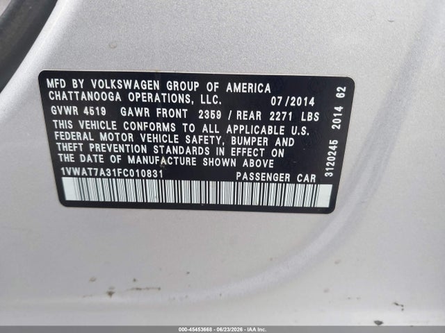 1VWAT7A31FC010831 Volkswagen Passat 1.8t Wolfsburg Edition