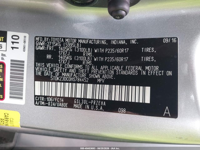 Auction sale of the 2017 Toyota Sienna Le 8 Passenger, vin: 5TDKZ3DC0HS784452, lot number: 45453693