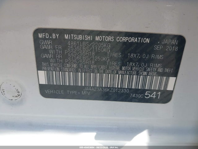 Auction sale of the 2019 Mitsubishi Outlander Sel, vin: JA4AZ3A36KZ012330, lot number: 45453694