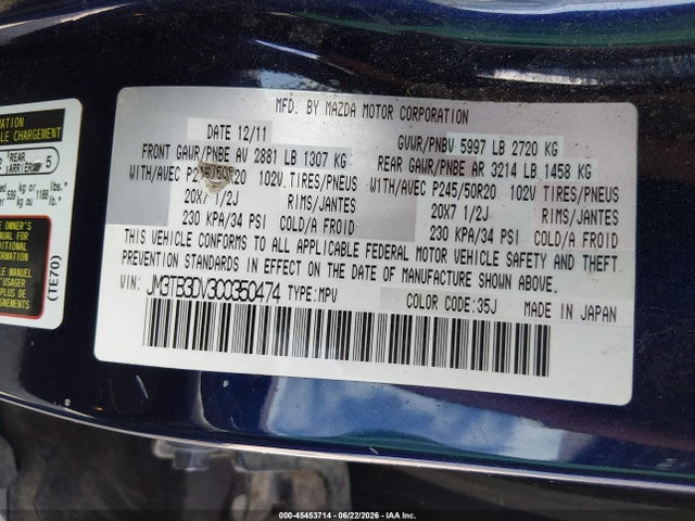 2012 Mazda Cx-9 Grand Touring მანქანა იყიდება აუქციონზე, vin: JM3TB3DV3C0350474, აუქციონის ნომერი: 45453714