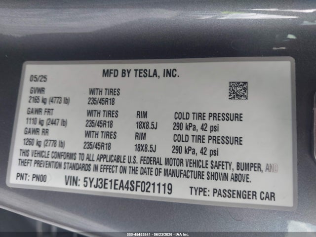 Aukcja sprzedaży 2025 Tesla Model 3 Long Range Rear-wheel Drive/standard Rear-wheel Drive, vin: 5YJ3E1EA4SF021119, numer aukcji: 45453841
