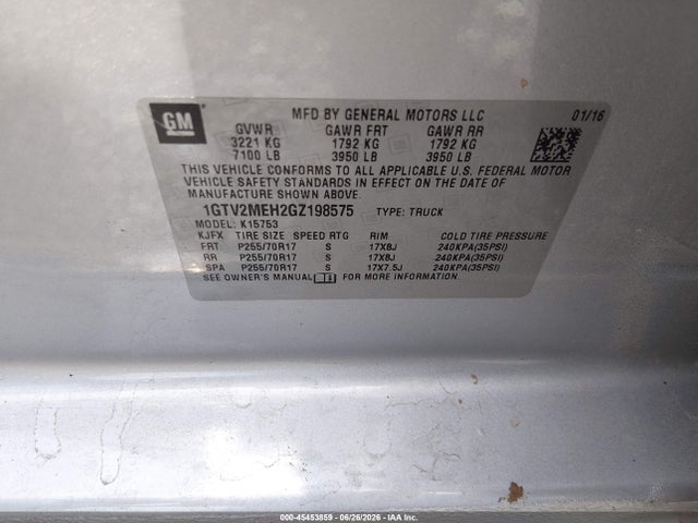45453859 :رقم المزاد ، 1GTV2MEH2GZ198575 vin ، 2016 Gmc Sierra 1500 Sle مزاد بيع