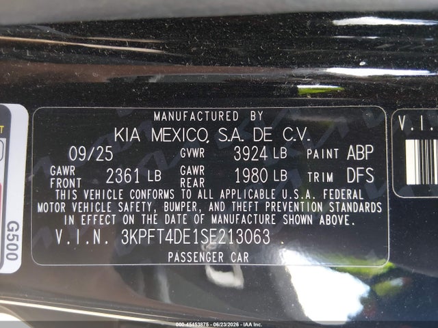 45453875 :رقم المزاد ، 3KPFT4DE1SE213063 vin ، 2025 Kia K4 Lxs مزاد بيع