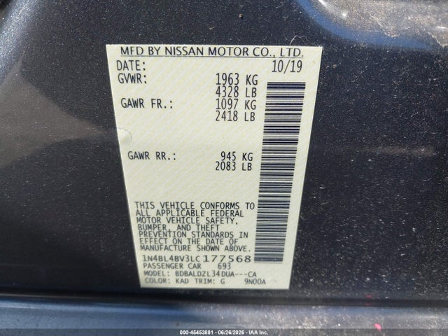 45453881 :رقم المزاد ، 1N4BL4BV3LC177568 vin ، 2020 Nissan Altima S Fwd مزاد بيع