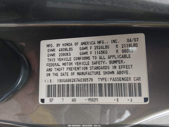 45453882 :رقم المزاد ، 19UUA66267A036579 vin ، 2007 Acura Tl 3.2 مزاد بيع