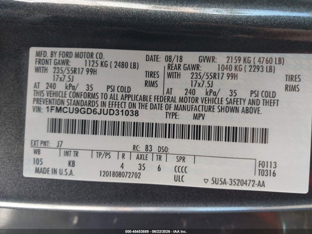 1FMCU9GD6JUD31038 Ford ESCAPE SE