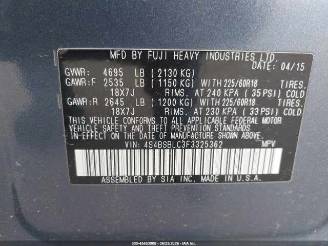 Aukcja sprzedaży 2015 Subaru Outback 2.5i Limited, vin: 4S4BSBLC3F3325362, numer aukcji: 45453908
