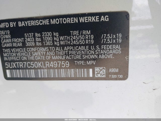 Продажа на аукционе авто 2019 Bmw X3 Sdrive30i, vin: 5UXTR7C50KLR49759, номер лота: 45453909