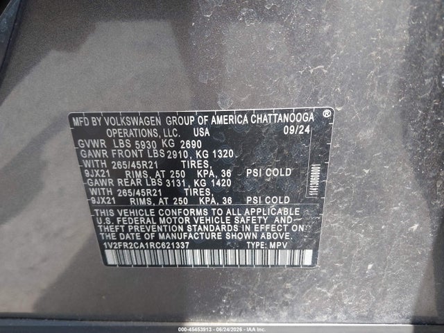 2024 Volkswagen Atlas 2.0t Sel Premium R-line მანქანა იყიდება აუქციონზე, vin: 1V2FR2CA1RC621337, აუქციონის ნომერი: 45453913