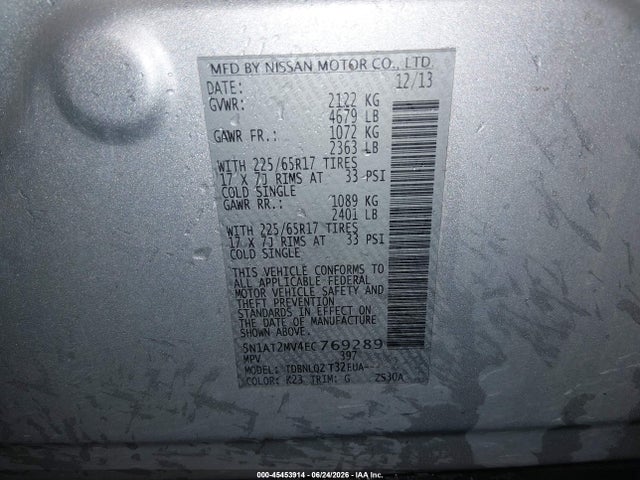 5N1AT2MV4EC769289 Nissan Rogue S/sl/sv