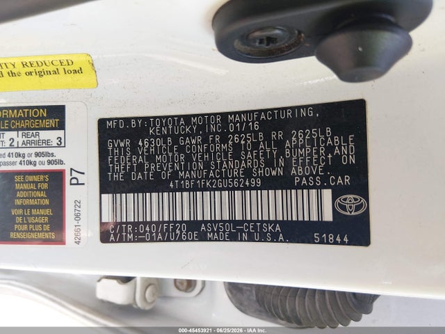 Aukcja sprzedaży 2016 Toyota Camry Se, vin: 4T1BF1FK2GU562499, numer aukcji: 45453921
